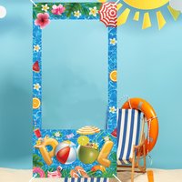 Summer Pool Party Photo Booth Backdrop, Hawaiian Tropical Pool Frame Banner for Beach, Luau and Pool Party Decoration