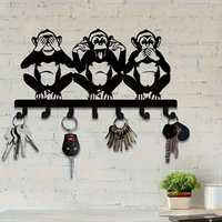 HelloYoung Metal Monkey Wall Decor with Key Hooks, Modern Natural Style for Keys, Coats, Hats, Towels, Easy Install Black Silhou