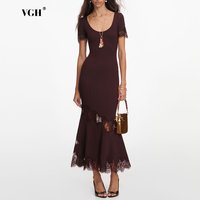VGH Romantic Dates Brown Ribbed Knit Mermaid Dresses for Women U Neck Short Sleeve Lace Trimmed Midi Skirt for Office Commute image 4