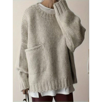 Plus Size Women's Casual Crew Neck Long Sleeve Pullover Sweater with Side Pockets