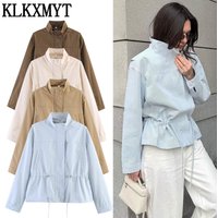 KLKXMYT Casual Women's Jacket Stand Collar Full Sleeve Zipper Waist Elastic Lace Up Female Jackets 2026 Autumn Fashion Lady Coat
