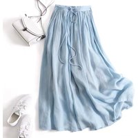 Summer Cotton Linen Maxi Skirt for Women Casual Elastic High Waist A-Line Beach Skirts Elastic Waist Draping Long Skirts