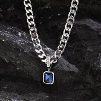 Square Blue Stone Pendant Necklaces Stainless Steel Jewelry Collar Cuban Link Chain Gift For Dad Boyfriend Valentine's Day