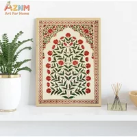 AZNM Indian Mughal Tree of Life Canvas Wall Art Vintage Red Floral Botanical Traditional Border Print Unframed Canvas Ethnic Hom