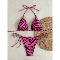 Women's Bikini Set, Two-Piece Sexy Swimsuit, Rose Red and Black Zebra Print, Side Tie Briefs, Lace-Up Triangle Bag