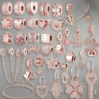 Rose Gold Plated CZ Charms for Bracelet DIY Jewelry Making Heart Flower Family Star Pendant Beads for Women Romantic Gift
