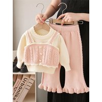Kids Girls Warm Knitting Sets Fake Two-pieces Pullover O-neck Cute Sweater+High Waist Ruched Flare Pants 2pcs Child Clothing Set