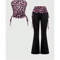 American summer leopard print patchwork spicy girl fashion Y2k one neck strapless tank top pants women's suit