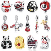 925 Sterling Silver Charms Beads Original Japanese Doll Fortune Cat Charm Fit Brand Bracelets Bangles DIY Jewelry For Women