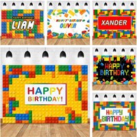 Cartoon Building Block Theme Photo Backdrop Banner Custom Name Happy Birthday Party Background Kids Boys Girl Baby Shower Decor
