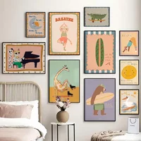 Giraffe Roller Skating Wall Art Kids Room Poster Montessori Nursery Decor Playful Surfing Bear Cat Yoga Animal Print Pictures