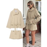 HH Spring Elegant Women Windbreaker Shorts Sets Commute Lapel Pocket Trench Coat With Belt+High Waist Shorts High Street Suits