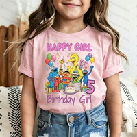 Kids Sesame Street Birthday Girl Tee Adorable Cartoon Characters Party Soft Pink Comfortable Short Sleeve Children Shirt Tops