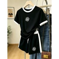 Summer Lightweight Breathable Color-Blocked Short-Sleeve Shorts Set with Camellia Print, Stylish Casual Sports Two-Piece Set