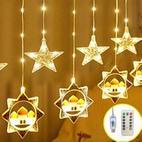 1PC USB Powered Ramadan Indoor Moon/Star Castle Leather Curtain Light,8 Modes Hanging Fairy Light for Muslim Festival Home Party