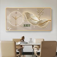 New perpetual calendar decorative painting light luxury feather wall clock living room hanging painting home electronic clock