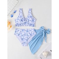 Bikini Girls Kids Swimsuit 2026 New Blue Print Sling Ruffle Children Swimwear Summer Mesh Three Piece Beach Wear Bathing Suits