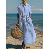 Women Simple Style Solid Color Cotton Linen Dresses Lapel Pleated Short Sleeve Sundress Summer Casual Beach Vacation Long Dress