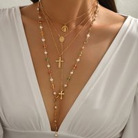 Layered Rosary Cross Necklace Vintage Gold Silver Mary Pendant Pearl Beaded Y Lariat Jewelry Gift for Women