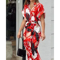Women's Summer Casual Short Sleeved Dress Printed Flip Collar Design Dress Fashion Elegant Button Up Belt Versatile Dress