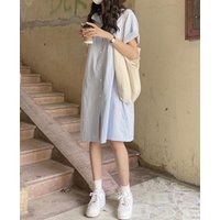 Summer New Stripe Shirt Dress Women's Base Layer Short Sleeve Thin Top Middle Length Collar Single Piece Other 100%