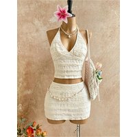 Women 2 Piece Outfits Textured Ruffle Halter V Neck Crop Camisole Mini Skirt Set 2026 Summer Y2K Solid White Beach Vacation Matc