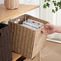 Imitated Woven Rattan Folding Storage Basket with Handle for Clothes Sundries Toys Organizer Laundry Basket Household Container