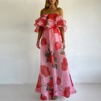 Sexy Off Shoulder Top & Party Skirt Set Fashion Flower Print Holiday Skirt Outfits Casual Short Sleeve Women Long Skirt 2Pc Suit