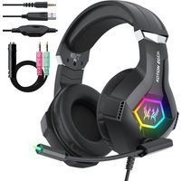 Wired Gaming Headset with Noise Cancelling Mic Compatible With PC PS4 PS5 Xbox Surround Sound RGB Light Over Ear Design