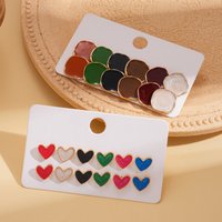 12 Pcs European and American Metal Earring Oil Dripping Colorful Circular Heart-shaped Ear Fashion Woman Party Accessories Set K