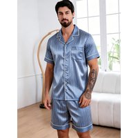Men's Pj Satin Stripe Print Design Short Sleeve Pajama Set Soft Comfortable Sleepwear for Summer Lightweight Homewear Lougewear