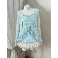 Japanese Lolita Sweet 3 Piece Set Women 2000s Retro Mini Skirt Vintage Lace Sleeveless Vest Casual Short Cardigan Fashion Suit