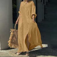 Women's S-3XL Big Size Oversized Summer Casual Loose Pocket Flip Collar Long Dress Solid Color Casual Button Loose Oversized
