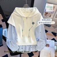 Korean chic minority stripe stitching and overlapping fake two-piece college loose hooded semi-zipper long-sleeved sweater top