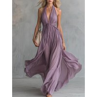 Women's Elegant Chic Deep V Neck Solid Patchwork Maxi Dress Summer Fashion Sleeveless Holiday Party Streetwear Dress Vestido