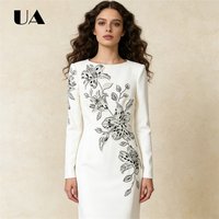 White Long-Sleeve Mermaid Maxi Gown, Full Sleeves Crystals Floral Gala Events Formal Gown Long Straight Prom Dresses