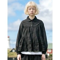 Vintage Ruffle Tiered Peter Pan Collar Blouse Women Long Sleeve Button Down Loose Fit Casual Tops Retro Style 255335