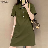 Fashion Summer Sundress ZANZEA Women Stylish Solid OL Work Dresses Short Sleeve Knee Length Dress Lapel Neck Button Vestido 2026