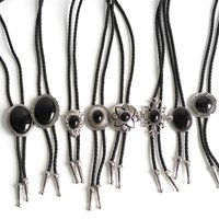 Vintage Black Stone Bolo Tie Silver Cowboy Necktie Handmade Cross Arrowhead Flower Pendant Western Leather Rope Jewelry Gift