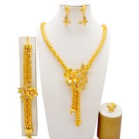 GDJWRI Indian Dubai Gold Color Jewelry Set For Women Bridal Long Necklace Set Nigerian Choker Necklace Bracelet Earring Ring Set