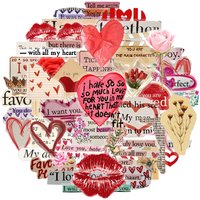 50Pcs Cartoon Valentine's Day Theme Stickers Romantic Love Quotes Sticker Notebook Guitar Phone Transparent Decals