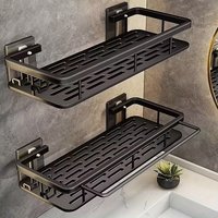 Plastic Bathroom Wall Shelf with Hooks, No Drill Shower Storage Rack for Shampoo/Towel, Black Drainage Organizer Heavy Duty