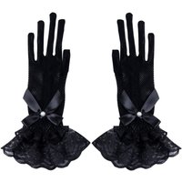 1pair Bride Stretchy Fishnet Lace Gloves Five-finger Hollowout Gloves with Lace Bow Tie Pearls Lolita Gloves Bride