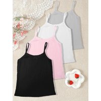 Girls' White Ribbed Tank Top with Floral Design, Casual Outerwear 3-Piece Set, Camisole Underwear