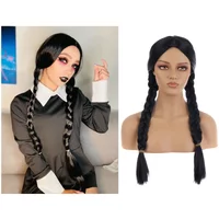 Women Black Braided Wigs Middle Part Long Straight Black Wig with Two Braids Women Black Family Cosplay Costume Wig