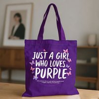 1pc Butterfly Print Canvas Tote Bag - Lightweight, Reusable Shoulder Bag with Inspirational Quote "Just a Girl Who Loves Purple