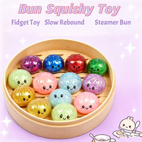 Mini Glitter Squishy Bun Stress Balls Kawaii Steamed Dumpling Squeeze Toys with Steamer Sensory Fidget Toys for Anxiety Relief