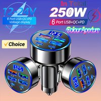 250W PD Fast Car Charger QC3.0 Fast Charge One to Six Car Cigarette Lighter Plug Car Charger Flash Charge with Digital Display