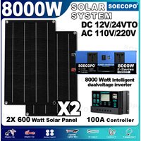 SOECOPO 8000W Peak Solar Power Set 2×600W Panels 2 Sockets 12V 24V To 110V 220V Inverter 100A Controller for Camping Home Car