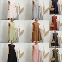 Cotton Linen Sleeveless Women's Dress Loose A-Line Midi Casual Dress Country Style Pure Color mid Waist Floral Print Dress